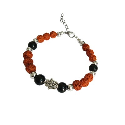 Stylish  Hamsa Hand Black Quartz Rudraksha Bracelet